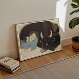 Flute Player and Ox - Kamisaka Sekka Art Print / Canvas Framed Illustration Child Blue Attire Black Bull White, Ink-dark Silhouette, Prints