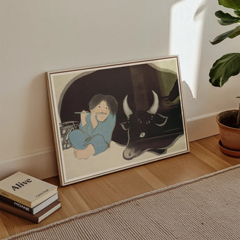 Flute Player and Ox - Kamisaka Sekka Art Print / Canvas Framed Illustration Child Blue Attire Black Bull White, Ink-dark Silhouette, Prints