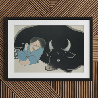 Flute Player and Ox - Kamisaka Sekka Art Print / Canvas, Kamisaka Sekka Art Print, Ink-dark Silhouette, Flute Player