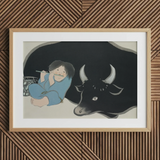 Flute Player and Ox - Kamisaka Sekka Art Print / Canvas, Kamisaka Sekka Art Print, Ink-dark Silhouette, Flute Player