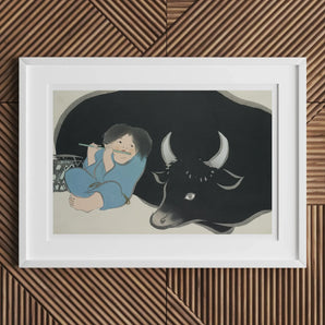 Flute Player and Ox - Kamisaka Sekka Art Print / Canvas Rectangular Framed Artwork Child Blue Attire Black, Ink-dark Silhouette, Prints