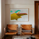 Flying High - Amusement Park Airplane Art Print, Abstract Artwork Yellow Turquoise Curved Shapes Mounted Wall