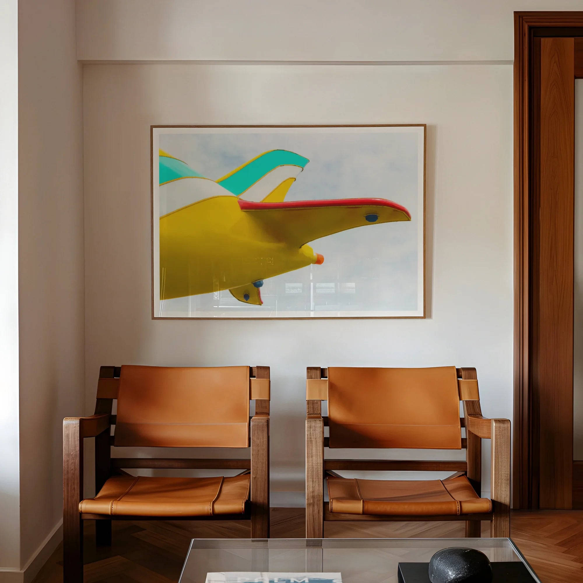 Flying High - Amusement Park Airplane Art Print, Abstract Artwork Yellow Turquoise Curved Shapes Mounted Wall