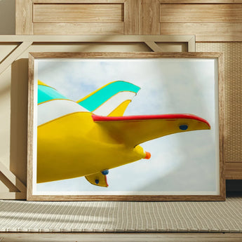Flying High - Amusement Park Airplane Art Print / Canvas Vibrant Yellow Teal Red Abstract Airplane Sculpture Framed Vintage Amusement Park,