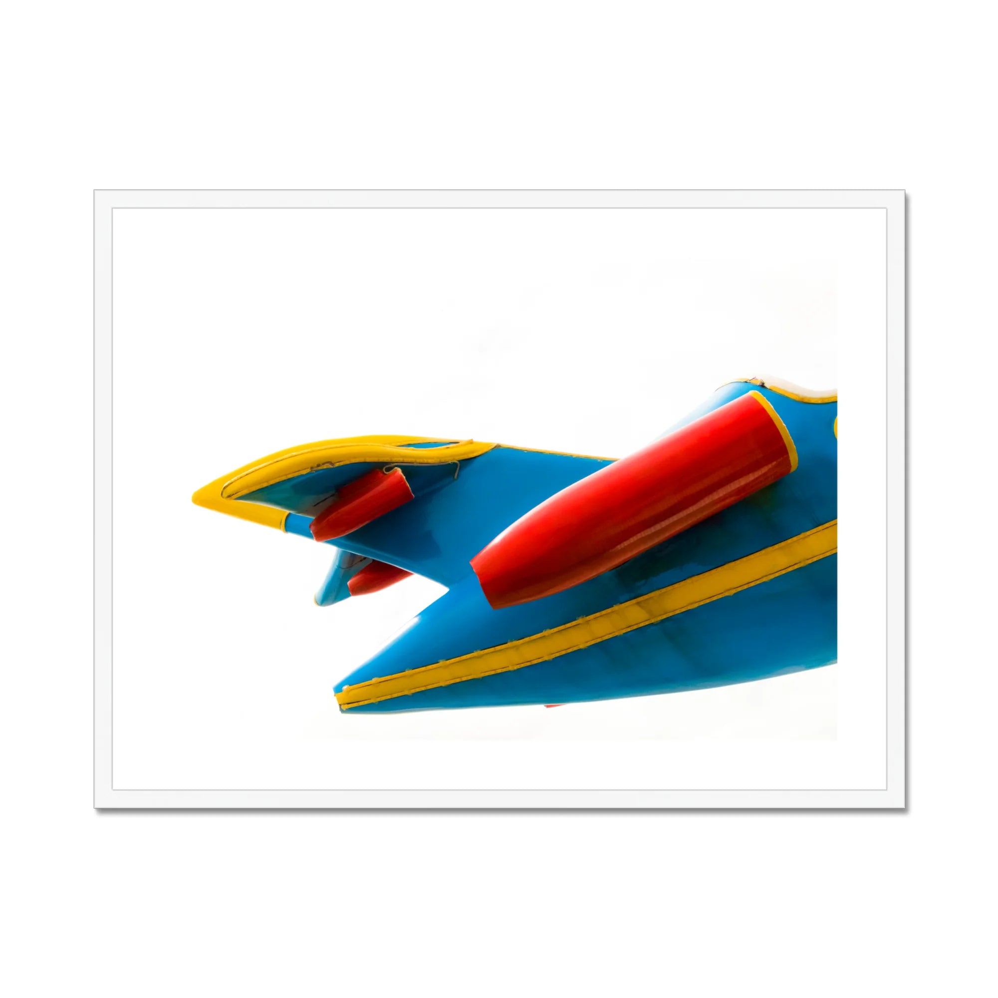 Flying Higher Amusement Park Airplane Art Print, Blue Yellow Toy Rocket Red Fins