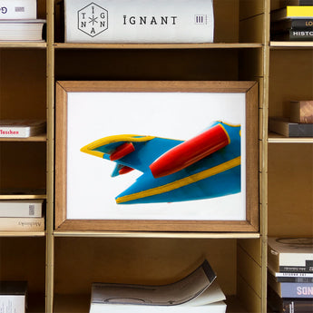 Flying Higher - Amusement Park Airplane Art Print / Canvas Framed Artwork Red Rocket Blue Yellow Geometric Shapes Mid-century Carnival