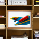 Flying Higher - Amusement Park Airplane Art Print / Canvas Framed Artwork Red Rocket Blue Yellow Geometric Shapes Mid-century Carnival