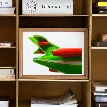 Flying Highest - Amusement Park Airplane Art Print / Canvas Framed Artwork Abstract Green Red Tail Fins, Retro-futuristic Fantasy Prints