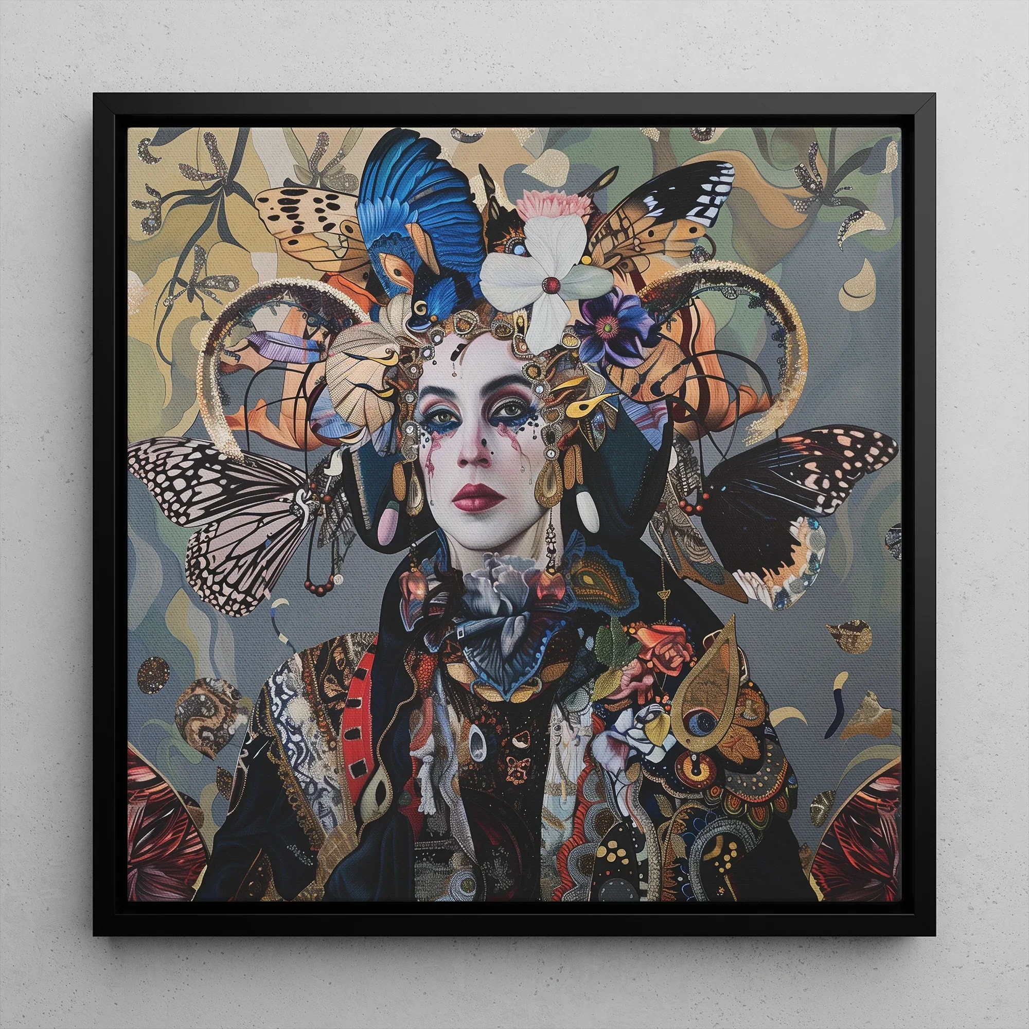 The Fool - Surreal Tarot Deck Art Framed Canvas, 12x12’’ / 31x31cm / Black Floating Frame, Framed Portrait Woman Adorned Butterflies Flowers
