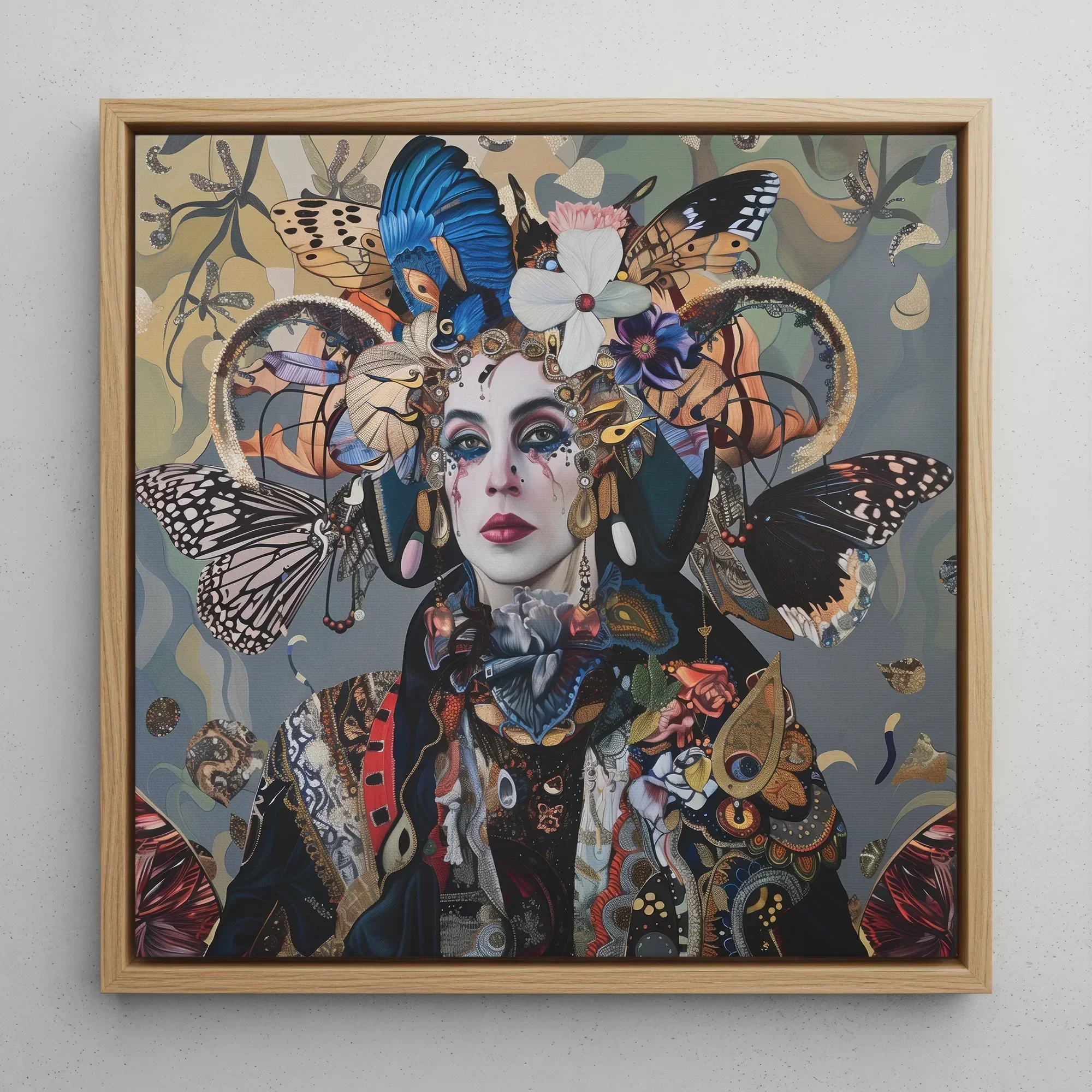 The Fool - Surreal Tarot Deck Art Framed Canvas, 12x12’’ / 31x31cm / Natural Floating Frame, Vibrantly Colored Framed Painting Woman