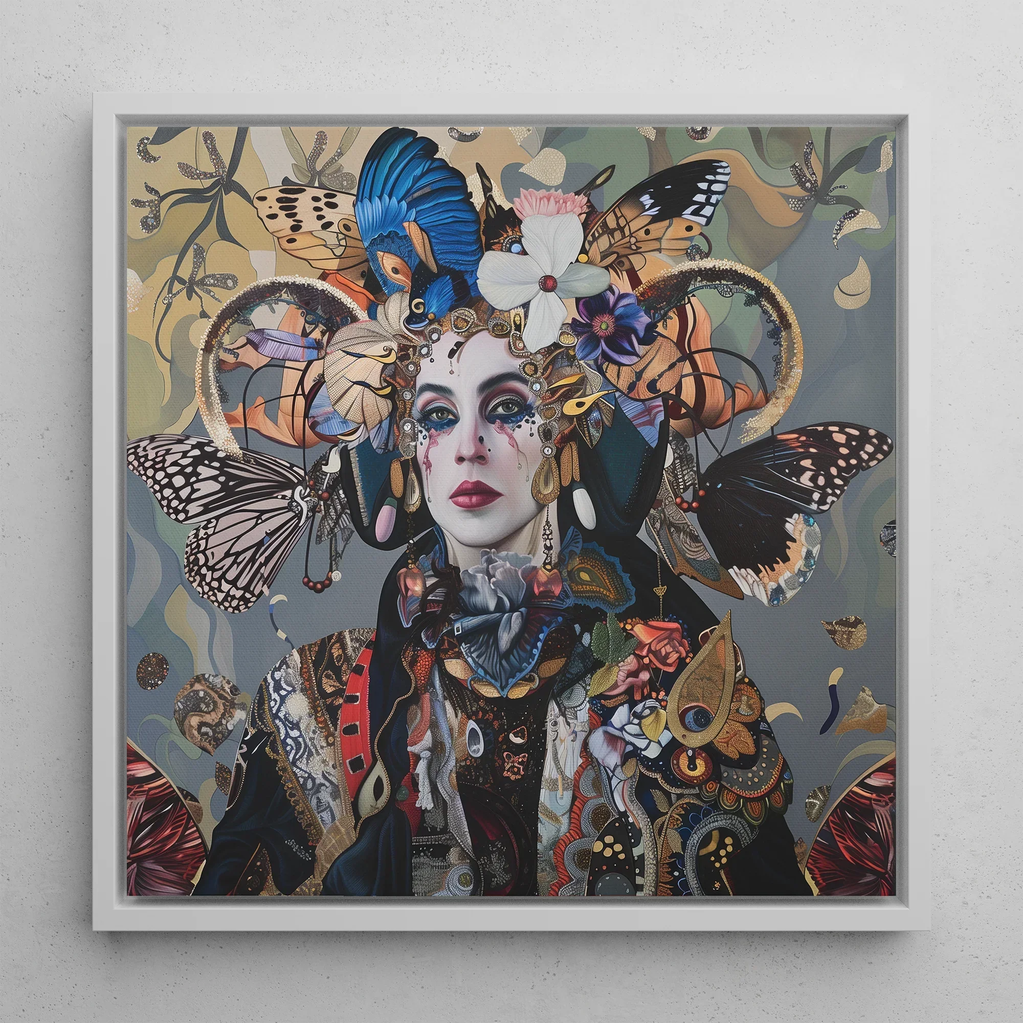 The Fool - Surreal Tarot Deck Art Framed Canvas, 12x12’’ / 31x31cm / White Floating Frame, Framed Portrait Woman Adorned Butterflies Flowers