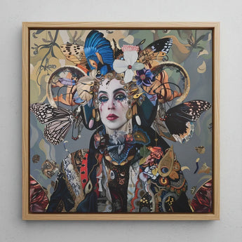 The Fool - Surreal Tarot Deck Art Print / Canvas Square-framed Artwork Woman Adorned Elaborate Colorful Headdress Butterflies, Steps