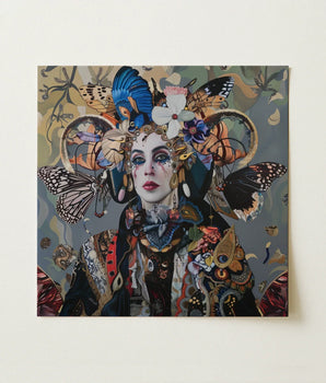 Square Canvas Painting Woman Adorned Elaborate Headdress Vibrant Surreal Tarot, Fool Steps Forward, Butterflies, Eyes Wide