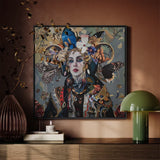 The Fool - Surreal Tarot Deck Art Print / Canvas Vibrant Framed Artwork Woman Adorned Elaborate Headdress Colorful, Steps Forward,