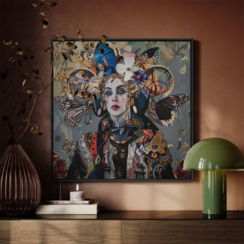 The Fool - Surreal Tarot Deck Art Print / Canvas Vibrant Framed Artwork Woman Adorned Elaborate Headdress Colorful, Steps Forward,