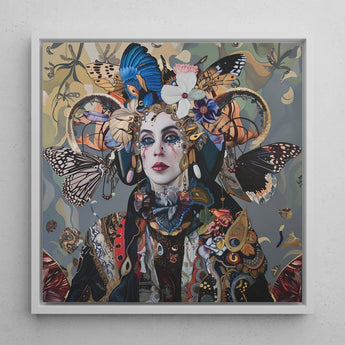 The Fool - Surreal Tarot Deck Art Print / Canvas Vibrant Framed Artwork Woman Adorned Elaborate Headdress Colorful, Steps Forward,