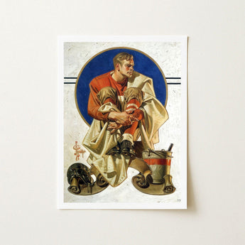 Football Player - J. C. Leyendecker Art Print / Canvas, Scarlet Jersey Burns, Coal Held, Winter Air, Prints