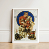 Football Player - J. C. Leyendecker Art Print / Canvas Framed Vintage-style Illustration American, Scarlet Jersey Burns, Coal Held, Winter