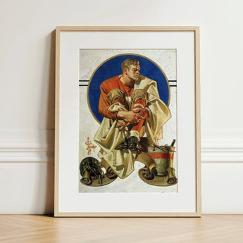 Football Player - J. C. Leyendecker Art Print / Canvas Framed Vintage Illustration Athlete Red Beige, Scarlet Jersey Burns, Coal Held,