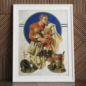 Football Player - J. C. Leyendecker Art Print / Canvas Framed Vintage-style Illustration American, Scarlet Jersey Burns, Coal Held, Winter