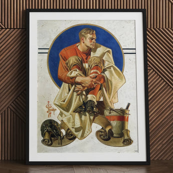 Football Player - J. C. Leyendecker Art Print / Canvas Framed Vintage-style Illustration American, Scarlet Jersey Burns, Coal Held, Winter