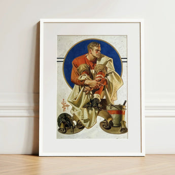 Football Player - J. C. Leyendecker Art Print / Canvas Framed Vintage-style Illustration Athlete Red Beige, Scarlet Jersey Burns, Coal