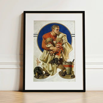 Football Player - J. C. Leyendecker Art Print / Canvas Framed Vintage-style Illustration Athlete Red Beige, Scarlet Jersey Burns, Coal