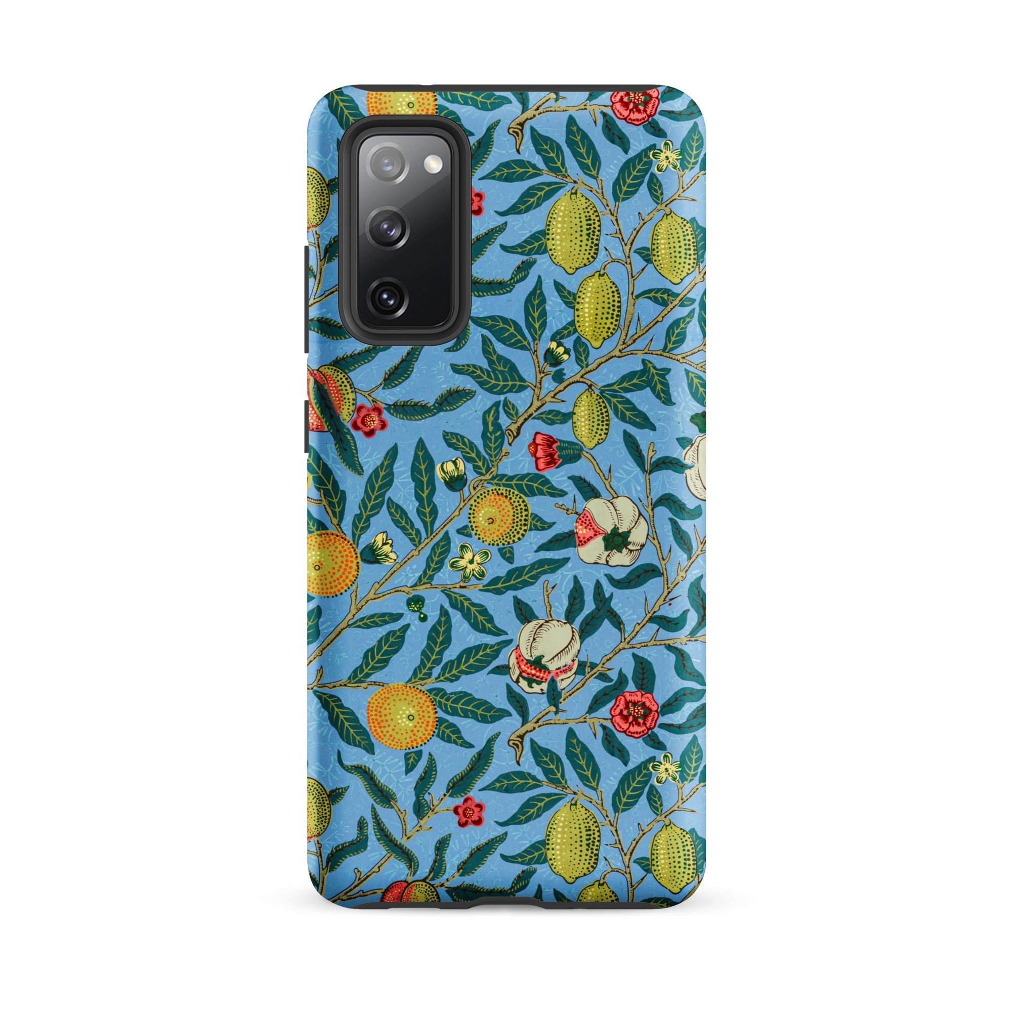 Four Fruits William Morris Aesthetic Samsung Case, Galaxy S20 Fe / Matte, Smartphone Case Blue Background Pattern Lemons Oranges Flowers