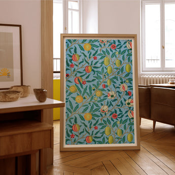 Four Fruits - William Morris Botanicals Art Print / Canvas Framed Artwork Colorful Pattern Citrus Leaves Turquoise, Prints