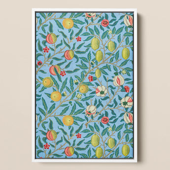 Four Fruits - William Morris Botanicals Art Print / Canvas Framed Artwork Vibrant Pattern Stylized Fruits Leaves Light William Morris Four