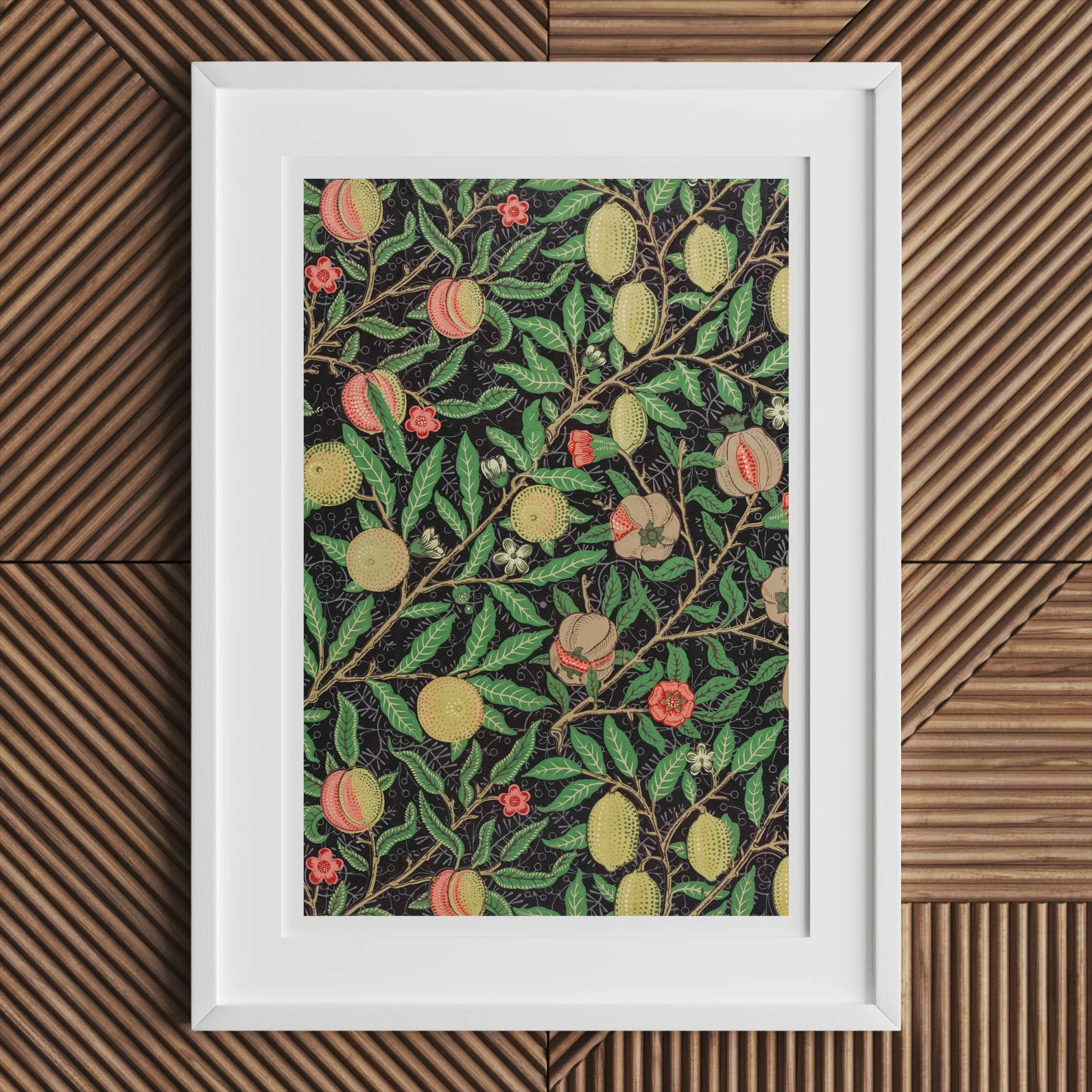 Four Fruits too William Morris Botanicals Art Print, Framed Botanical Print Pattern Fruit Leaves Dark Background