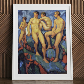 Four Young Men - Stampa artistica di Ludwig Von Hofmann su tela, 24x32’’ / 61x81cm / Cornice bianca / Passe-partout, Poster, stampe e arte visiva, Toby