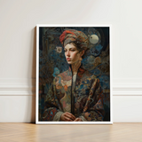 Framed Portrait Woman Ornate Patterned Robe Turban Intricate Norse Realms Unfurls, Surreal Goddess, Mighty Seeker