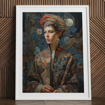 Freyja - Surreal Norse Goddess Art Print / Canvas Framed Portrait Woman Ornate Patterned Robe Intricate Tattoos Realms Unfurls, Mighty