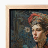 Framed Artwork Woman Intricate Patterned Headwear Ornate Jewelry Norse Realms Unfurls, Surreal Goddess, Mighty Seeker