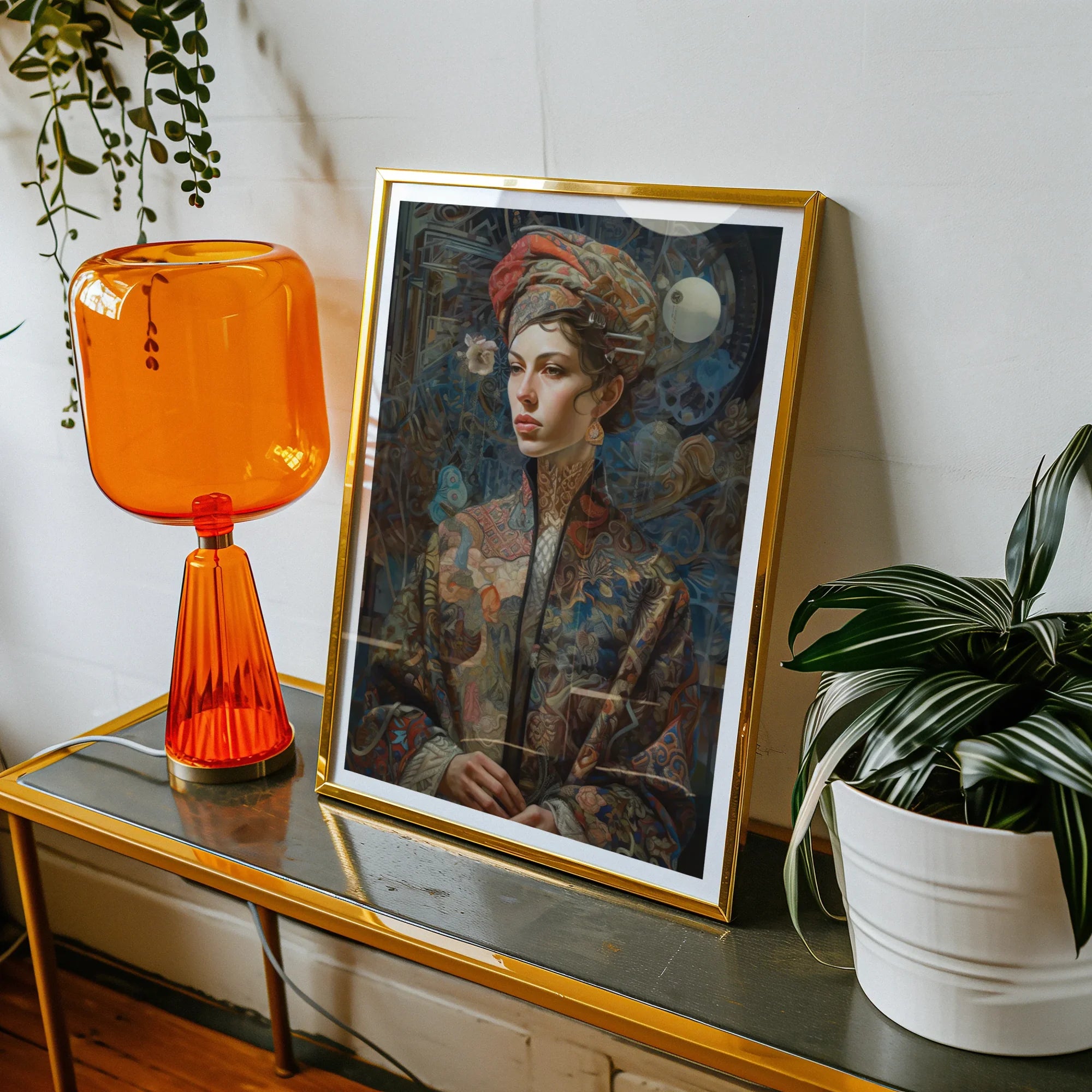 Freyja - Surreal Norse Goddess Art Print, Framed Portrait Painting Moody Blue Tones Red Headpiece