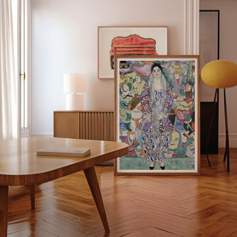 Friederike Maria Beer - Gustav Klimt Symbolist Art Print / Canvas Colorful Framed Painting Woman Ornate Patterned Dress Surrounded Gustav
