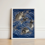 Fukusa and Carp in Waves - Meiji Art Print / Canvas Framed Artwork Three Intricately Detailed Koi Fish Ocean Meiji-era Fukusa-inspired
