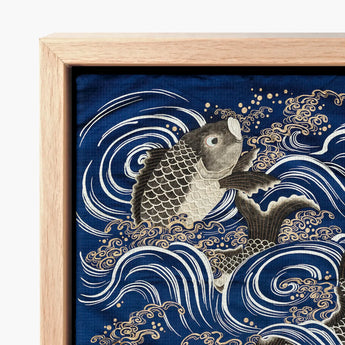Fukusa and Carp in Waves - Meiji Art Print / Canvas Framed Piece Japanese-inspired Textile Detailed Dark Gray Meiji-era Fukusa-inspired