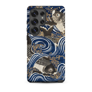 Fukusa and Carp - Japanese Meiji Art Samsung Case, Galaxy S25 Ultra / Matte, Dark Blue Phone Case Pattern White Black Koi
