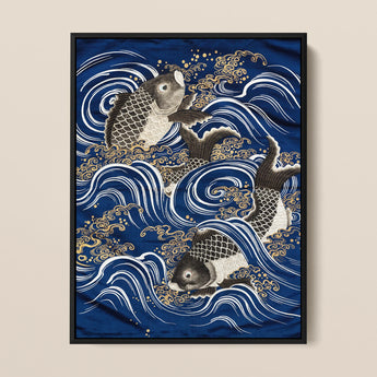 Fukusa and Carp in Waves - Meiji Art Print / Canvas, 12x16’’ / 31x41cm / Black Frame, Posters Prints & Visual Artwork, Toby Leon