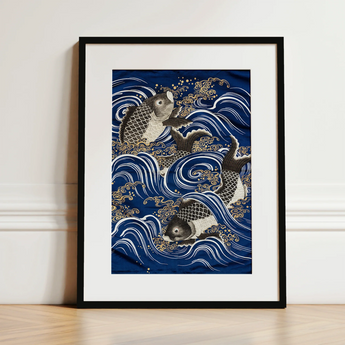 Fukusa and Carp in Waves - Meiji Art Print / Canvas, 12x16’’ / 31x41cm / Black Frame / Matboard, Posters Prints & Visual Artwork, Toby Leon