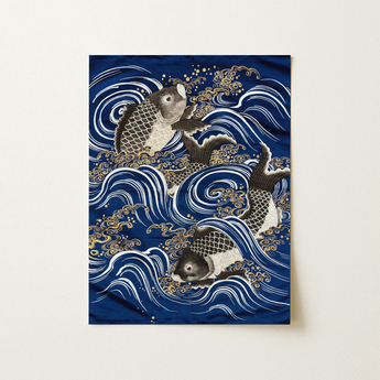 Fukusa and Carp in Waves - Meiji Art Print / Canvas, 12x16’’ / 31x41cm / Unframed / no Border, Posters Prints & Visual Artwork, Toby Leon