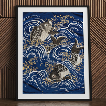 Fukusa and Carp in Waves - Meiji Art Print / Canvas, 24x32’’ / 61x81cm / Black Frame / Matboard, Posters Prints & Visual Artwork, Toby Leon