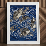 Fukusa and Carp in Waves - Meiji Art Print / Canvas, 24x32’’ / 61x81cm / White Frame / Matboard, Posters Prints & Visual Artwork, Toby Leon