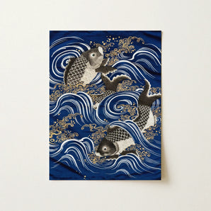 Fukusa and Carp in Waves - Meiji Art Print / Canvas Deep Blue Textile Embroidered Koi Fish Black White Meiji-era Fukusa-inspired Fine,