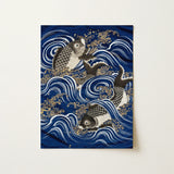 Fukusa and Carp in Waves - Meiji Art Print / Canvas Deep Blue Textile Embroidered Koi Fish Black White Meiji-era Fukusa-inspired Fine,