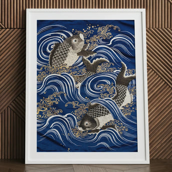 Fukusa and Carp in Waves - Meiji Art Print / Canvas Framed Artwork Intricately Detailed Koi Fish Stylized Meiji-era Fukusa-inspired Fine,