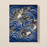 Fukusa and Carp in Waves - Meiji Art Print / Canvas, Meiji-era Fukusa-inspired Fine Art, Japan’s Artistic Golden Age, Meiji Period Art