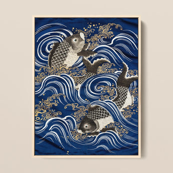 Fukusa and Carp in Waves - Meiji Art Print / Canvas, Meiji-era Fukusa-inspired Fine Art, Japan’s Artistic Golden Age, Meiji Period Art